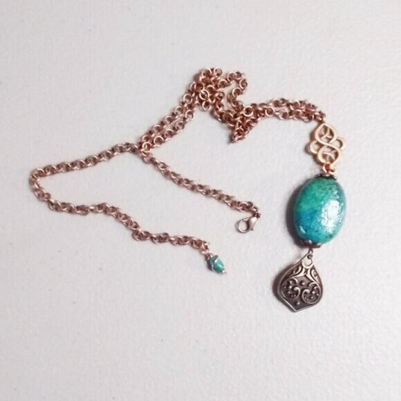 Chrysacolla! Ornate + Heavy Copper Statement Y Necklace - Perfect Fall Necklace! - Picture 5 of 8